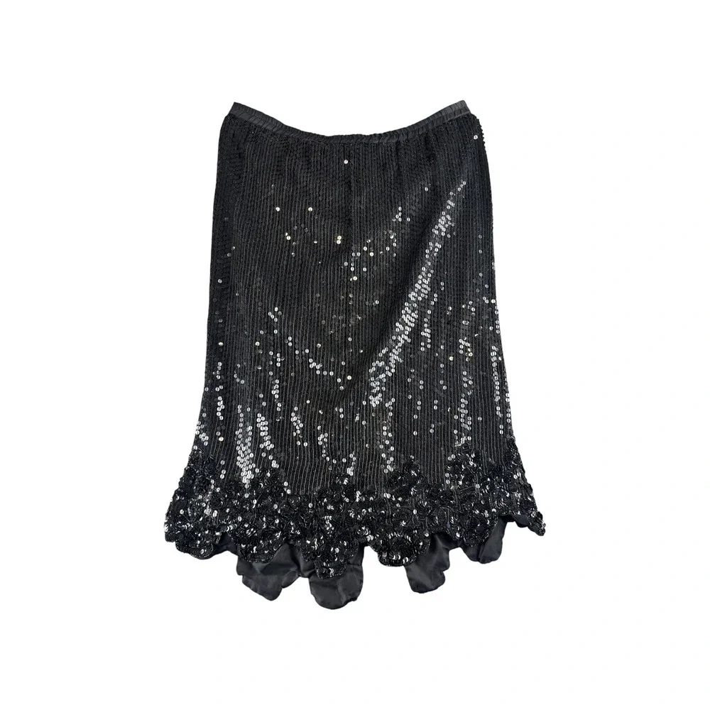 Sweelo Black Silk Sequin Midi Skirt Floral‎ Scalloped Hem Elastic Waist Small